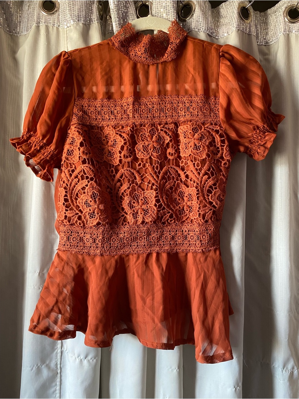 Haute Monde Orange Crochet Lace Peplum Blouse